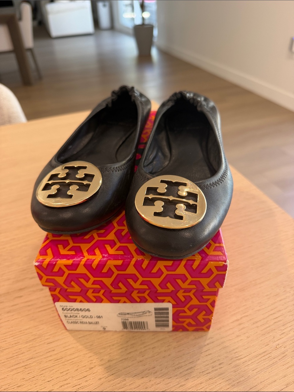 Tory Burch Black Leather Flats with Gold Logo Medallion